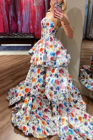 Charming A-Line Strapless Floral Embroidery Ruffle Tiered Long Prom Dresses DM25102206