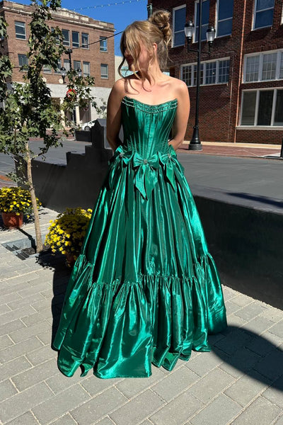 Cute A Line Scoop Neck Dark Green Satin Prom Dresses DM24102910