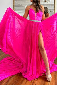 Sparkly Hot Pink Chiffon Pleated Long Prom Dress with Slit MD122705