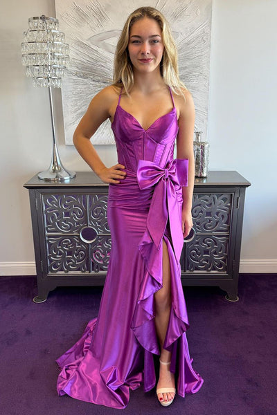 Cute Mermaid V Neck Purple Satin Long Prom Dresses with Bow MD24092705