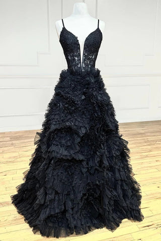 Black Plunge V Spaghetti Strap Ruffle Tiered Long Gown MD110901