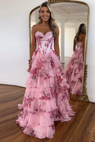 Fashion A Line Sweetheart Floral Printed Chiffon Tiered Prom Dress DM24122403