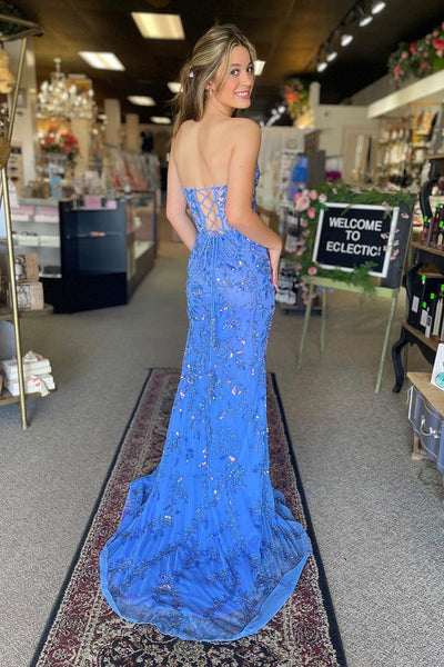 Mermaid Strapless Blue Sequin Long Prom Dress with Slit MD4030201