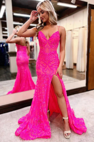 Mermaid Spaghetti Straps Fuchsia Sequins Long Prom Dress with Slit MD4050602