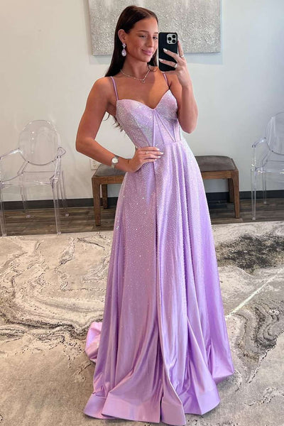 Lilac Satin Sweetheart A-Line Long Prom Dresses with Beads MD113006