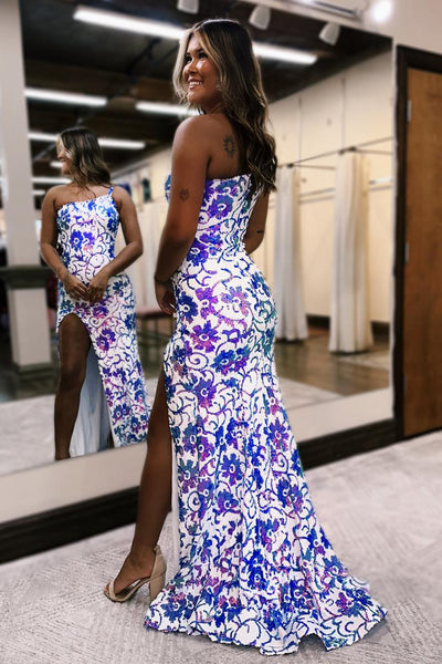 Charming Mermaid One Shoulder Purple White Sequins Long Prom Dress with Slit