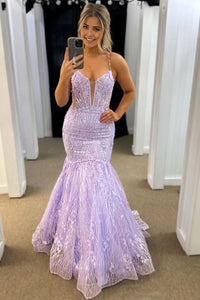 Cute Mermaid V Neck Lavender Sequins Tulle Prom Dresses with Appliques DM242902