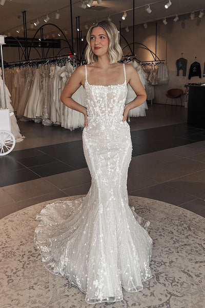Mermaid Square Neck Tulle Lace Wedding Dresses MD4010602