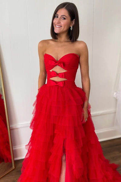 A-Line Sweetheart Red Ruffle Tulle Long Prom Dresses MD4011401