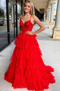 Cute A Line V Neck Red Tiered Tulle Long Prom Dresses with Appliques DM24101905