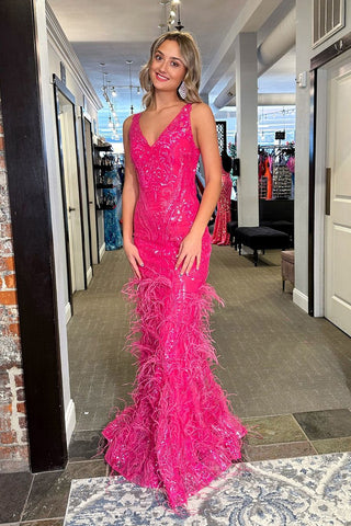 Mermaid V Neck Fuchsia Sequins Long Prom Dress with Feather MD4050905