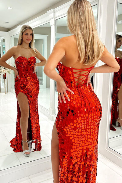 Red Sweetheart Mermaid Long Prom Dresses with Slit MD120903