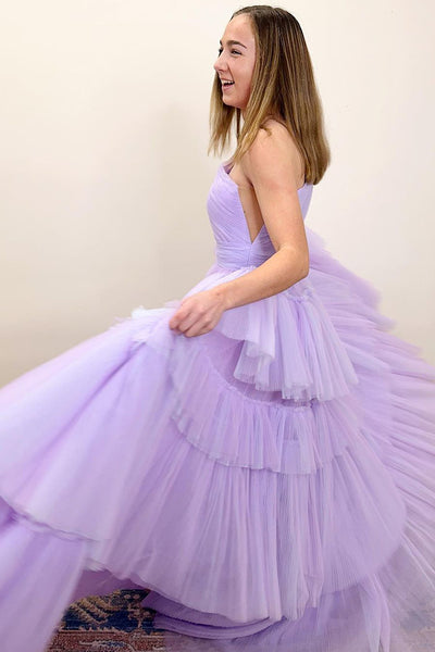 A-Line One Shoulder Tiered Tulle Long Prom Dress with Slit MD4040101