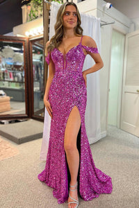 Magenta Cold Shoulder Sequin Lace Mermaid Long Prom Dress MD4010911