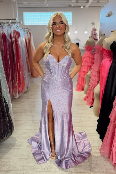 Sparkly Mermaid V Neck Lavender Hot Fix Satin Slit Prom Dress DM26011503
