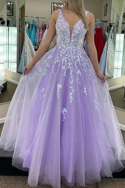 Gorgeous A Line Deep V Neck Purple Long Prom Dress with Appliques MD112305
