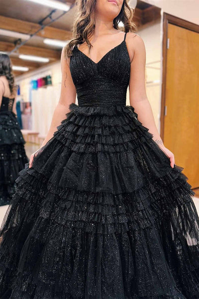 Straps Black V-Neck Pleasted Tiered Long Prom Dress MD110310