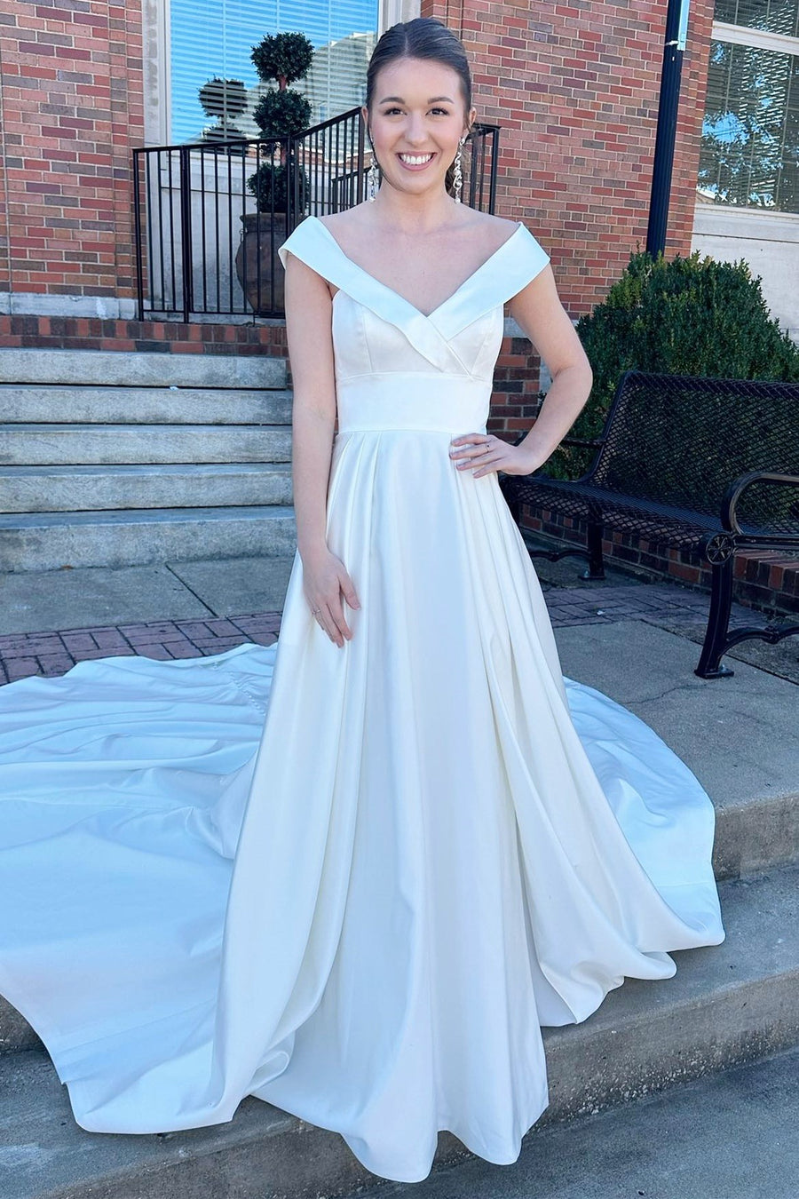 high waisted a line wedding dress Matte Satin line a wedding dress with Sheer Waist, Thigh High Slits, Ruched Court Train