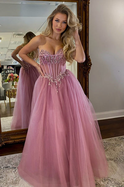 A-Line Sweetheart Blush Tulle Long Prom Dresses with Appliques MD4010405