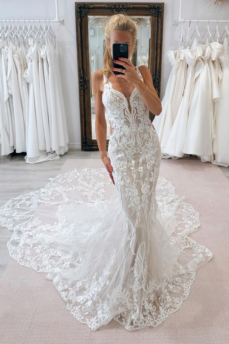 Exquisite Mermaid V Neck Lace Wedding Dresses with Appliques DM24062905