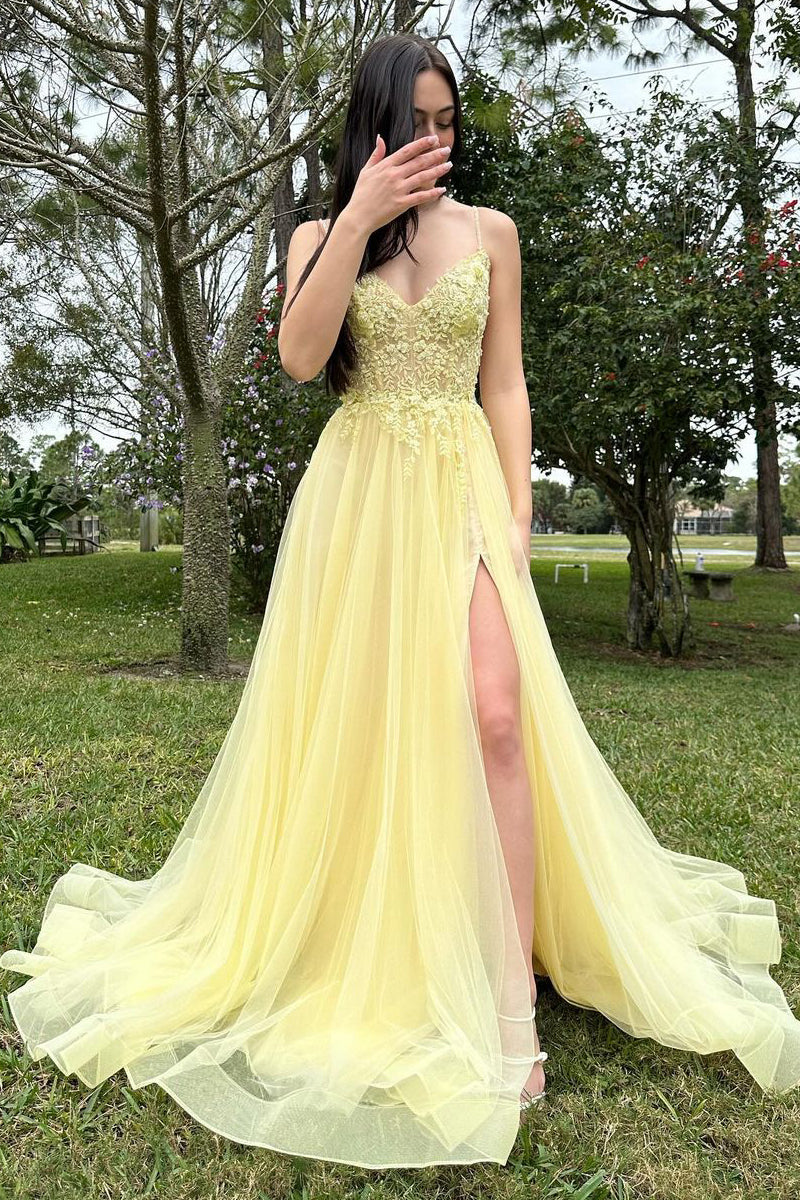 A-Line V Neck Yellow Tulle Long Prom Dresses with Appliques MD4012902