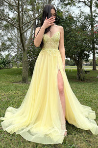 A-Line V Neck Yellow Tulle Long Prom Dresses with Appliques MD4012902