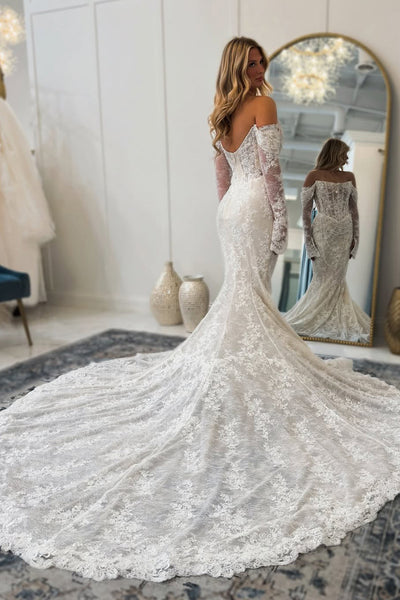 Bohemian Mermaid Scoop Neck Lace Wedding Dress with Peals DM26011710