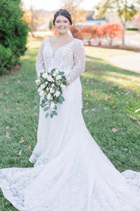 A-Line V Neck Long Sleeves Tulle Lace Wedding Dresses MD4012105