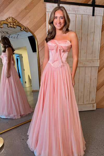 Cute A Line Strapless Blush Pink Chiffon Prom Dress DM1111802
