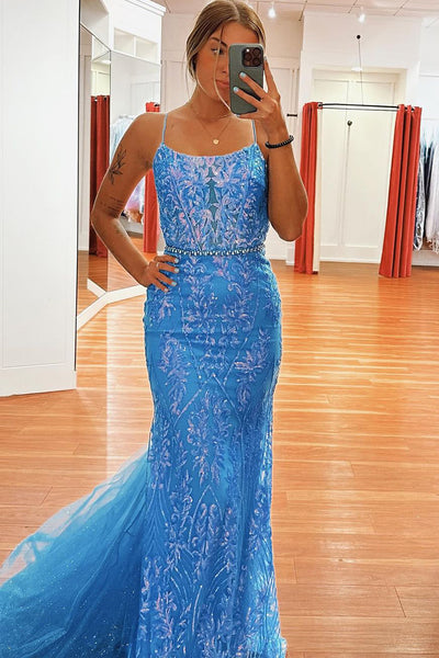 Mermaid Scoop Neck Light Blue Sequins Lace Long Prom Dresses MD4011703