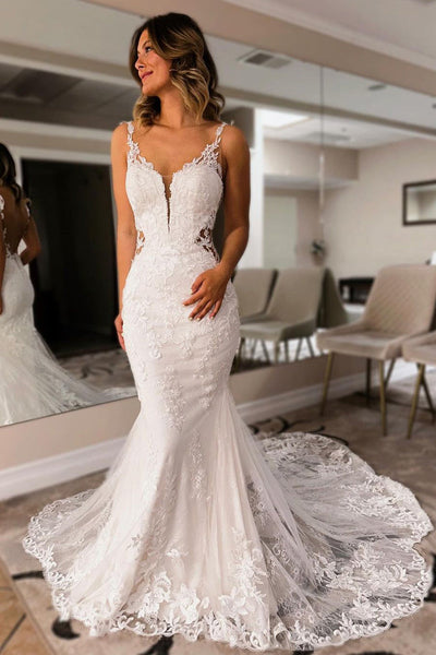 Charming Mermaid V Neck Lace Wedding Dresses DM24062903