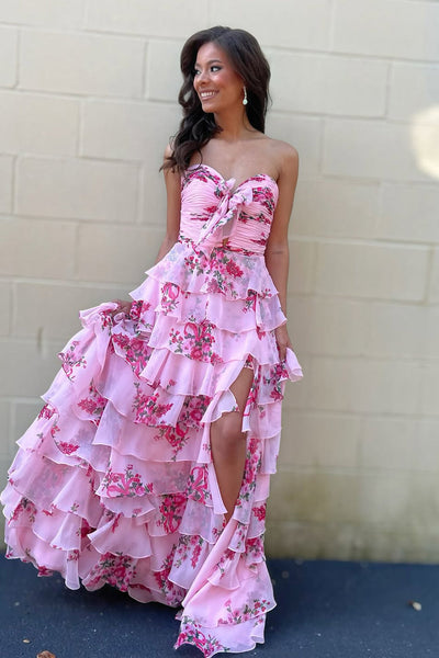 Charming A Line Pink Chiffon Floral Print Satin Prom Dress with Slit DM1111203