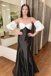 Two Piece Strapless Black and White Satin Long Prom Dresses with Sleeves MD4040501 Dressmeet Two Piece Strapless Black and White Satin Long Prom Dresses with Sleeves MD4040501 Dressmeet