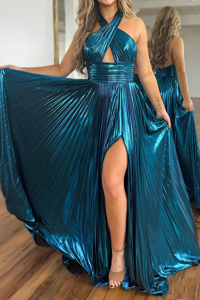 Glitter Turquoise Halter Cut Out Backless Metallic Long Prom Dress with Slit MD122702 Dressmeet Glitter Turquoise Halter Cut Out Backless Metallic Long Prom Dress with Slit MD122702 Dressmeet