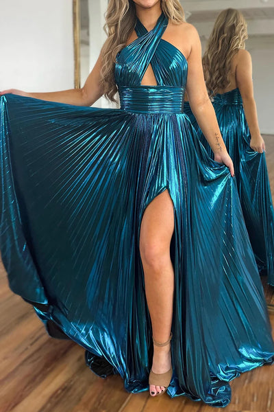 Glitter Turquoise Halter Cut Out Backless Metallic Long Prom Dress with Slit MD122702