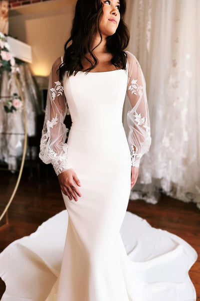 White Satin Mermaid Wedding Dresses with Detachable Sleeves MD112205
