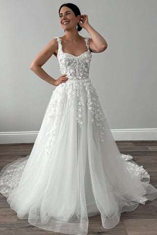 Elegant A Line V Neck Tulle Wedding Dresses with Appliques DM4091603