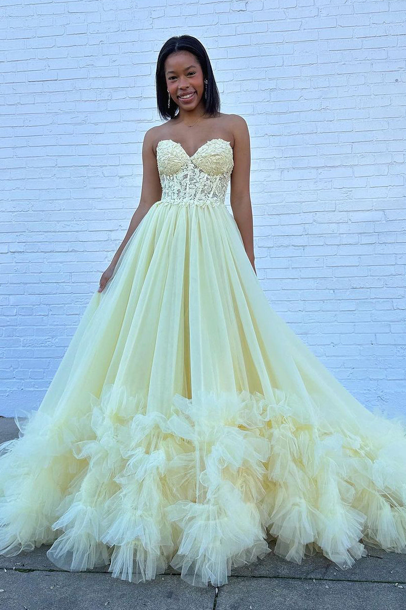A-Line Sweetheart Yellow Ruffle Tulle Long Prom Dresses MD4011501