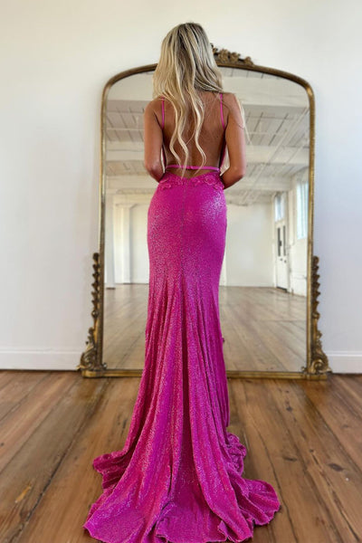 Purple V Neck Sequins Mermaid Long Prom Dress with Slit MD4032503