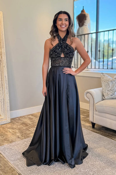 Charming A Line Halter Black Satin Prom Dress with Beading DM52120606