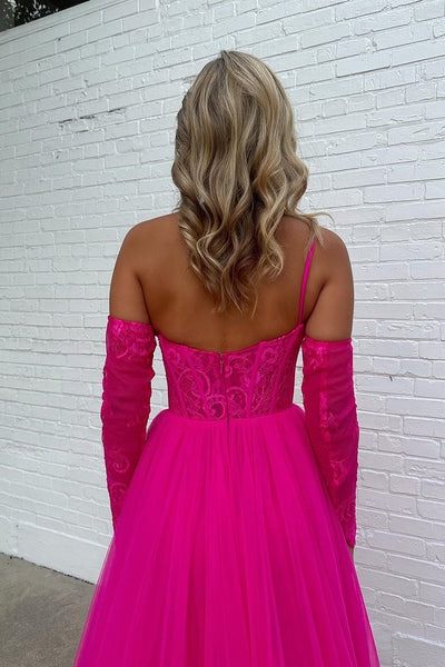 Hot Pink Detachable Long Sleeves A-Line Tulle Long Prom Dress with Lace MD4012305