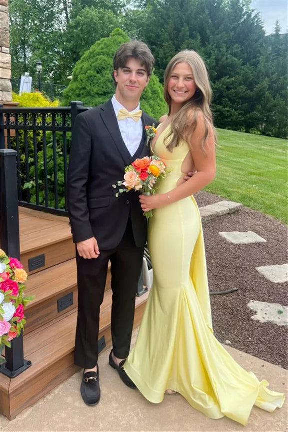 Chic Mermaid Deep V Neck Yellow Satin Prom Dress DM24122605 – Dressmeet