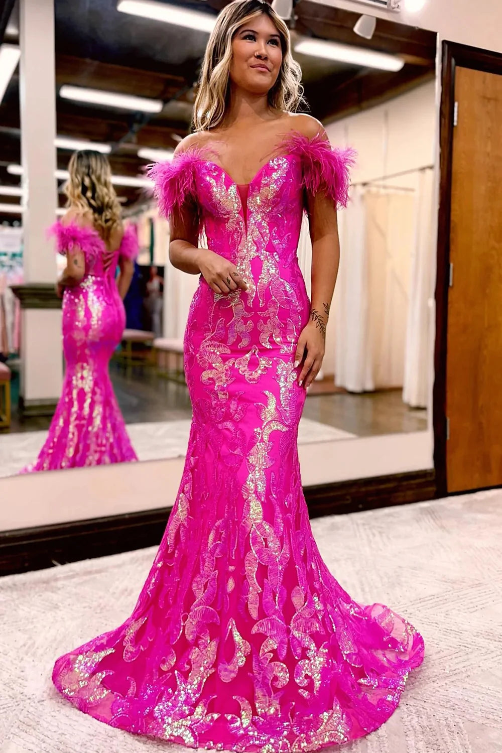 Sparkly Hot Pink Sequins Off the Shoulder Mermaid Long Prom Dress with Feathers MD092807 Dressmeet Sparkly Hot Pink Sequins Off the Shoulder Mermaid Long Prom Dress with Feathers MD092807 Dressmeet