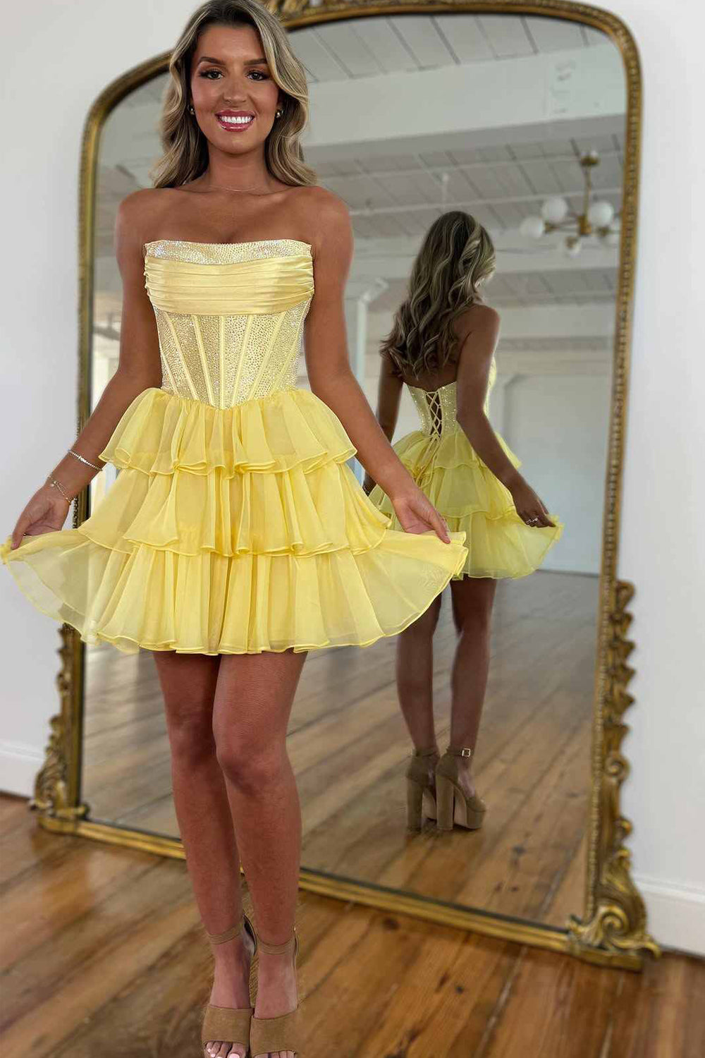 A Line Scoop Neck Yellow Chiffon Tiered Homecoming Dresses DM071501