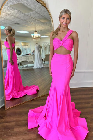 Fuchsia One Shoulder Two Piece Long Prom Dress MD4030603