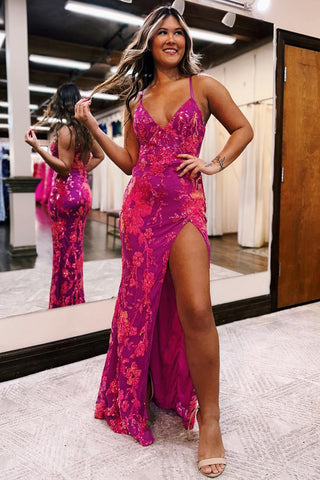 Mermaid V Neck Fuchsia Sequin Lace Long Prom Dresses with Slit MD4010502