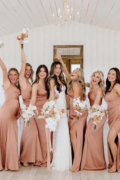 Stunning Sheath Blush Pink Silk Satin Long Bridesmaid Dress DM4070202