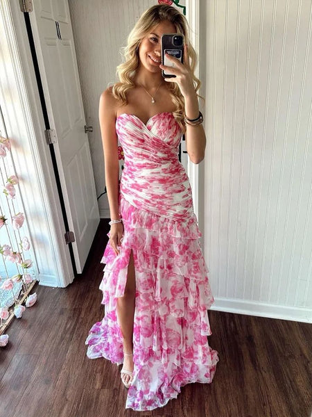 Cute Sheath Sweetheart Pink Floral Chiffon Tiered Prom Dress DM25012902