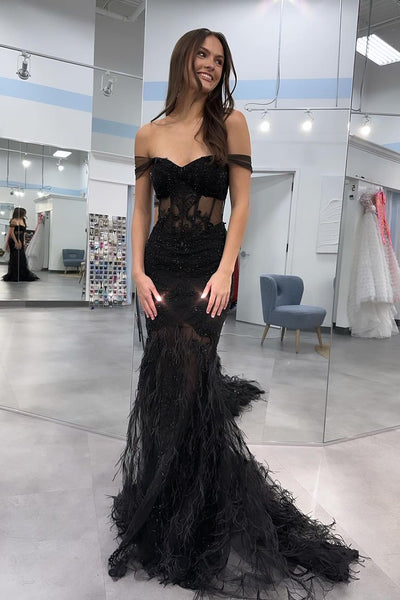 Black Off the Shoulder Mermaid Long Prom Dresses with Feather MD4011902