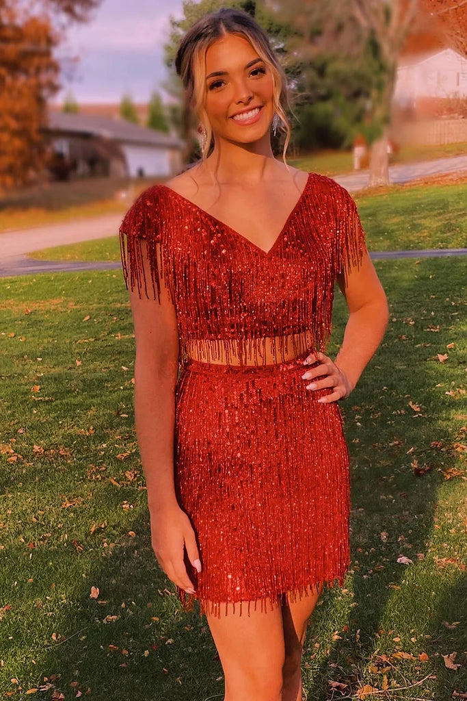 Two Piece Fuchsia Sequins Tight Short Homecoming Dress with Fringes LD3062108 Dressmeet Two Piece Fuchsia Sequins Tight Short Homecoming Dress with Fringes LD3062108 Dressmeet